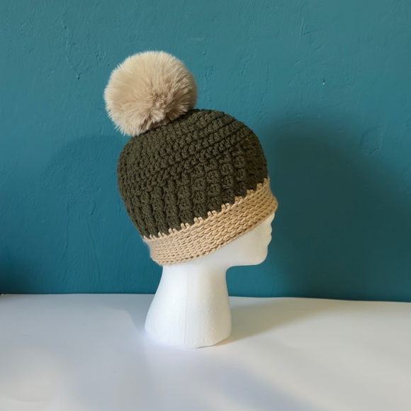 Stylish Boho Olive and Sandstone Pom-Pom Beanie - Picture 1 of 5